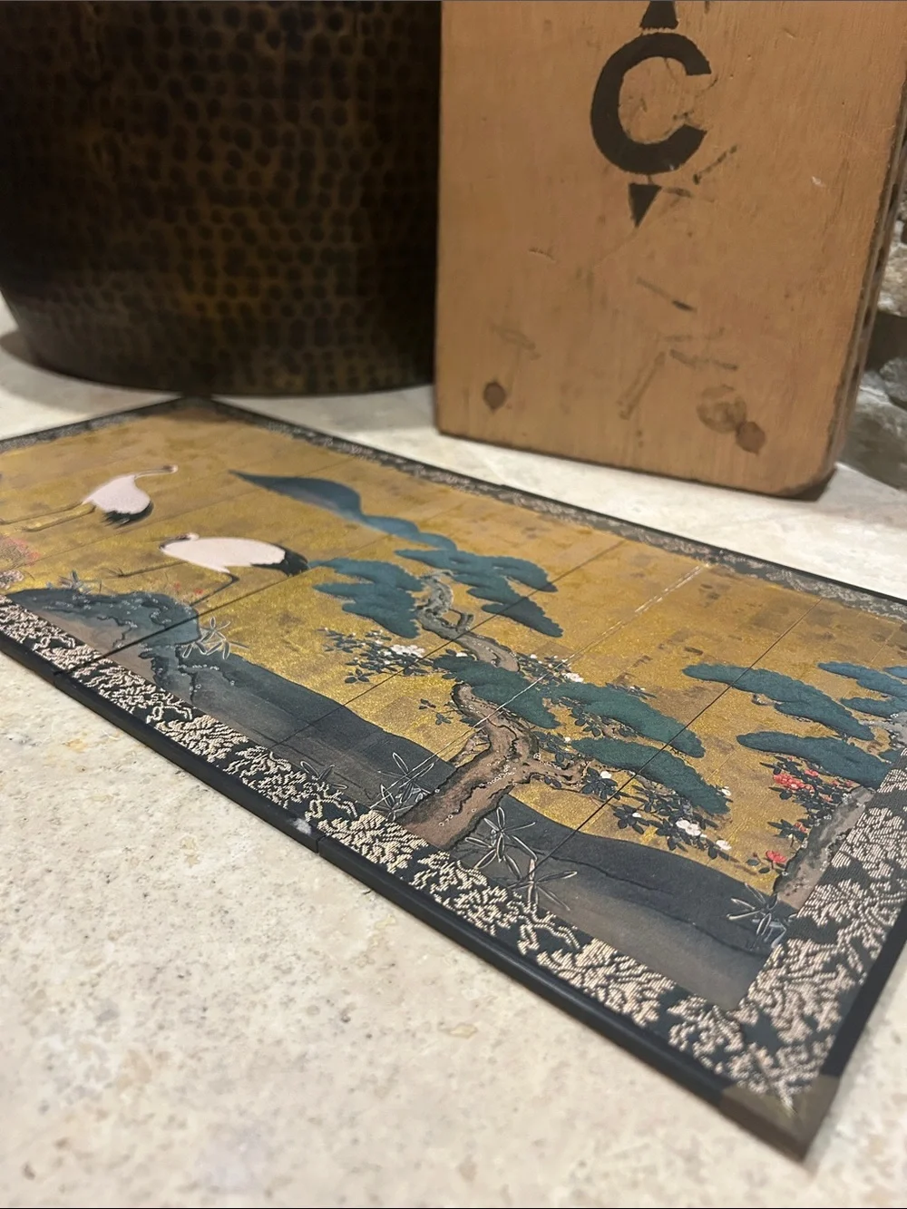 vintage Japaneser miniature four-panel tabletop byobu folding screen